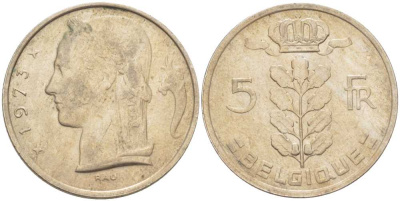 БЕЛЬГИЯ 5 ФРАНКОВ 1973 BELGIQUE, БОДУЭН I (1951-1993) KM 134.1 медно-никель 202-1251