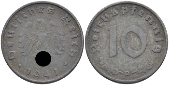 ГЕРМАНИЯ 10 РЕЙХСПФЕННИГОВ 1941 D KM 101, J. 371 цинк 4401-733