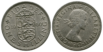 Великобритания 1 шиллинг 1960 Елизавета II (1952-2022), Английский герб KM 904, Spink 4147 медно-никель 4384-424
