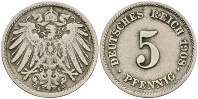 Германия 5 пфеннигов 1908 E KM 11, Jager 12, Weege 6 медно-никель 4364-1747