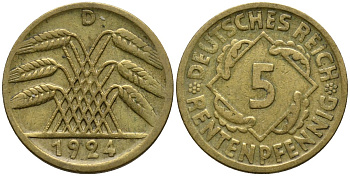 Германия 5 рентенпфеннигов 1924 D KM 32 алюминиевая бронза 4396-332