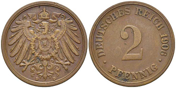 ГЕРМАНИЯ 2 ПФЕННИГА 1906 D KM 16, J. 11, Weege 4 медь 206-525