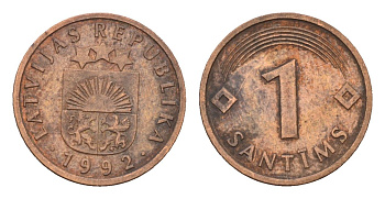 Латвия 1 сантим 1992 KM 15 сталь плакированная медью 105-317