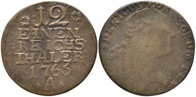 ПРУССИЯ 1/12 ТАЛЕРА 1765 А, БОЛЬШАЯ ГОЛОВА, ФРИДРИХ II (1740-1786) KM 298 серебро 4398-345