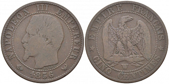 ФРАНЦИЯ 5 САНТИМОВ 1856 W, НАПОЛЕОН III (1852-1870) KM 777.7, LA FRANC 116.36 бронза 4448-115