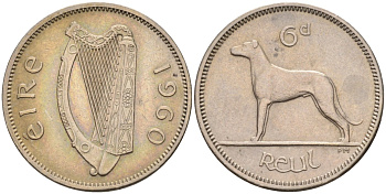 Ирландия 6 пенсов 1960 собака, ирландский волкодав KM 13а медно-никель XF 4582-233