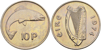 Ирландия 10 пенсов 1974 лосось KM 23 медно-никель 4140-324