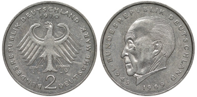 ФРГ 2 марки 1970 J, Конрад Аденауэр KM 124, J. 406 медно-никель плакированный никелем UNC 4681-1034