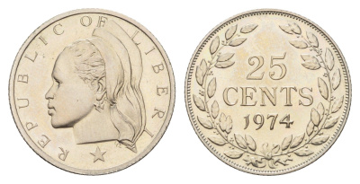 Либерия 25 центов 1974 KM 16a.2 медно-никель PROOF 4670-1131