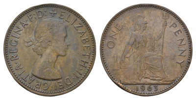 Великобритания 1 пенни 1963 Елизавета II (1952-2022) KM 897, Spink 4157 бронза 3855-226