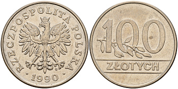 Польша 100 злотых 1990 MW, Демократическая Республика KM 214, Parchimowicz 602 медно-никель UNC 4157-825