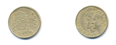 ИСПАНИЯ 500 ПЕСЕТ 1989 ХУАН КАРЛОС И СОФИЯ, ХУАН КАРЛОС I (1975-) KM 924 медь алюминий никель 54-2616