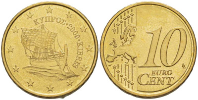 Кипр 10 евроцентов 2009 парусник KM 81 латунь UNC 99-623