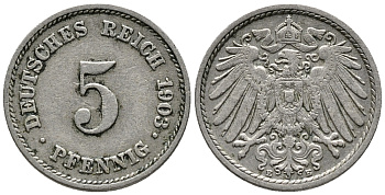 ГЕРМАНИЯ 5 ПФЕННИГОВ 1903 E KM 11, J. 12 медно-никель 39-764