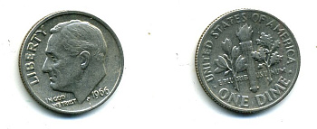 США 10 ЦЕНТОВ = 1 ДАЙМ 1966 РУЗВЕЛЬТ KM 195а медь плакированная медно-никелем 46-2348