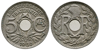 ФРАНЦИЯ 5 САНТИМОВ 1930 ТИП ЛИНДАЙЁ KM 875 медно-никель 4364-1114