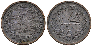 Нидерланды 1/2 цента 1928 Вильгельмина (1890-1948) KM 138 бронза 4576-469
