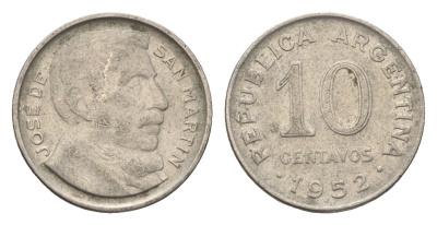 Аргентина 10 сентаво 1952 генерал Хосе де Сан Мартин KM 47 медно-никель 4664-548