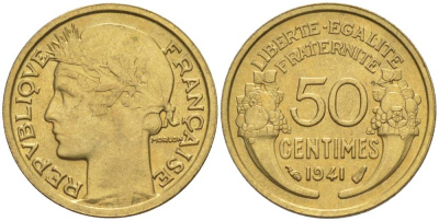 Франция 50 сантимов 1941 тип Морлон KM 894.1, Le Franc 192.18 алюминиевая бронза 44-358
