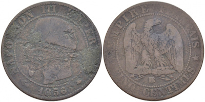 Франция 5 сантимов 1856 BB, Наполеон III (1852-1870) KM 777.3, LA FRANC 116.32 бронза 4448-1244
