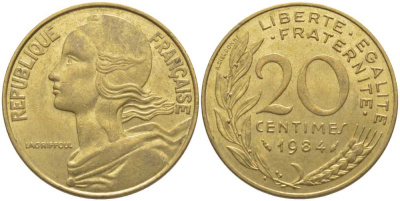 Франция 20 сантимов 1984 тип Marianne KM 930, Le Franс 156.24 медь алюминий никель 175-852