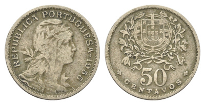 Португалия 50 сентаво 1955 голова Свободы вправо KM 577 никель латунь 4659-637
