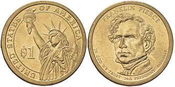 США 1 доллар 2010 P, Президент США - Франклин Пирс (1853-1857) KM 476 медь с марганцево-латунным покрытием UNC 4629-254