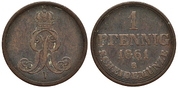 Ганновер 1 пфенниг 1861 B, Георг V KM 233, AKS 156, J. 90 медь 4594-531