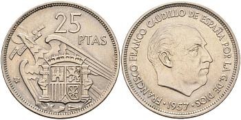 Испания 25 песет 1957(58) Франциско Франко (1939-1975) KM 787 медно-никель XF-UNC 4583-1026
