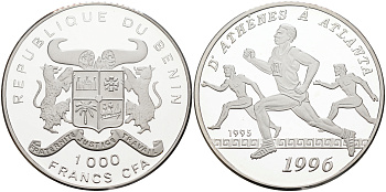 Бенин 1000 франков 1995 XXVI Олимпийские игры 1996 в Аталанте, бег KM 12 серебро PROOF 02-078-25