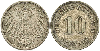 ГЕРМАНИЯ 10 ПФЕННИГОВ 1911 J KM 12, J. 13, Weege 8 медно-никель 212-137