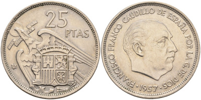 Испания 25 песет 1957(58) Франциско Франко (1939-1975) KM 787 медно-никель XF-UNC 4583-1026