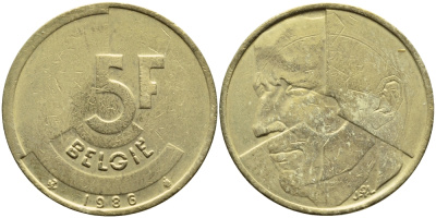 БЕЛЬГИЯ 5 ФРАНКОВ 1986 BELGIE KM 164 латунь или алюминевая бронза 4110-1232
