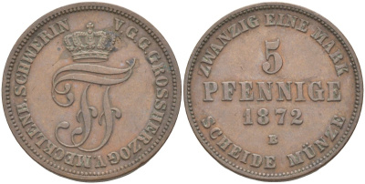 Мекленбург-Шверин 5 пфеннигов 1872 В, Фридрих Франц II (1842-1883) KM 317 (C104), Jaeger 62, AKS 45 медь 00-00