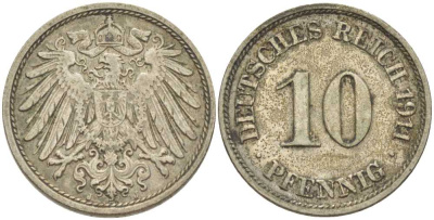 ГЕРМАНИЯ 10 ПФЕННИГОВ 1911 J KM 12, J. 13, Weege 8 медно-никель 212-137