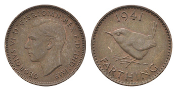 Великобритания 1 фартинг 1941 Георг VI (1936-1952) KM 843, Spink 4116 бронза 4664-335