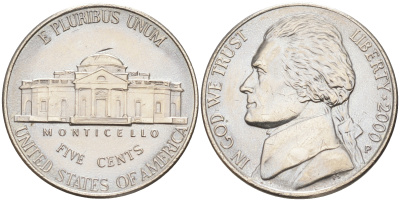 США 5 ЦЕНТОВ 2000 P ДЖЕФФЕРСОН KM A192 медно-никель 190-221