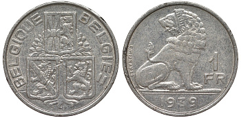 Бельгия 1 франк 1939 Леопольд III (1934-1950), Belgique-Belgie, лев KM 119 никель 4163-243