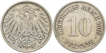 Германия 10 пфеннигов 1913 G KM 12, Jager 13, Weege 8 медно-никель 219-236