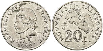 Французская Новая Каледония 20 франков 1992 три быка, (IEOM) KM 12, Schoen 14, Lec 115 никель 81-242