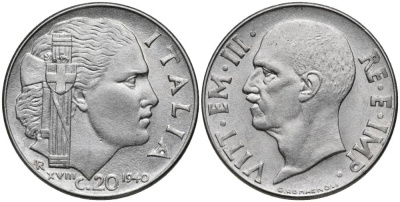 ИТАЛИЯ 20 ЧЕНТЕЗИМО 1940 R, ВИКТОР ЭММАНУИЛ III (1900-1946), РУБЧАТЫЙ ГУРТ, МАГНИТНАЯ, ГОД XVIII KM 75b нержавеющая сталь 4544-1233