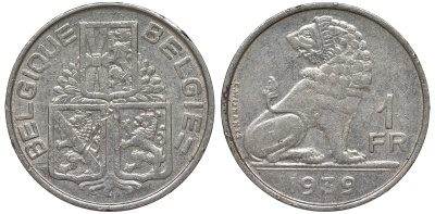 Бельгия 1 франк 1939 Леопольд III (1934-1950), Belgique-Belgie, лев KM 119 никель 4163-243