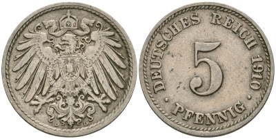 Германия 5 пфеннигов 1910 D, KM 11, J. 12 медно-никель 4608-941