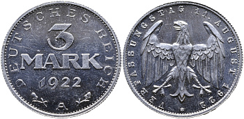 Германия 3 марки 1922 A, третья годовщина Веймарской Конституции KM 29, J. 303 алюминий PROOF 1515-145