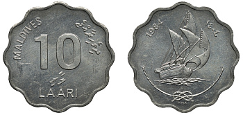 Мальдивские острова 10 лаари 1984 FAO, парусник KM 70 алюминий UNC M23-14