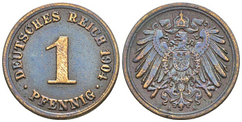 ГЕРМАНИЯ 1 ПФЕННИГ 1904 A KM 10, Jager. 10, Weege 2 медь 4528-1222