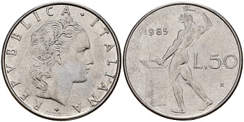 Италия 50 лир 1985 R, бог Вулкан у наковальни KM 95.1 нержавеющая сталь 4156-745