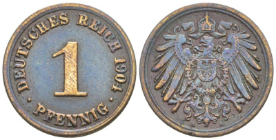 ГЕРМАНИЯ 1 ПФЕННИГ 1904 A KM 10, Jager. 10, Weege 2 медь 4528-1222