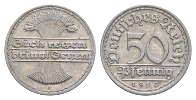 Германия 50 пфеннигов 1920 F KM 27, J. 301 алюминий 4646-1134