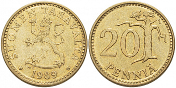 ФИНЛЯНДИЯ 20 ПЕННИ 1989 M KM 47 алюминиевая бронза 3457-841